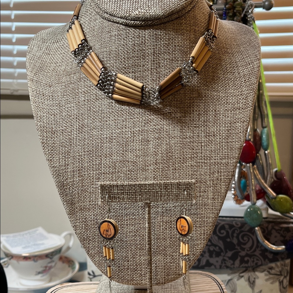 Handmade carved camel earrings and necklace set, unique!